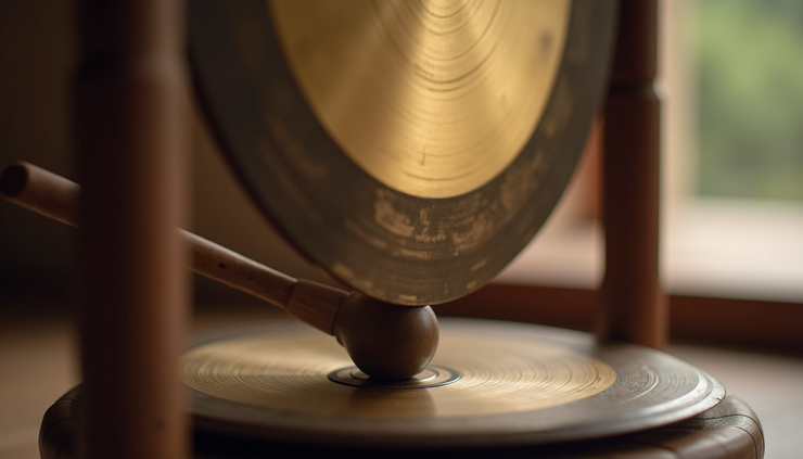 Close-up view of a gong being gently struck with a mallet during a sound bath