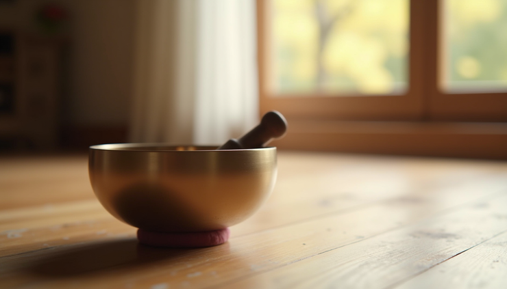 Eye-level view of a crystal singing bowl on a wooden floor in a calm room
