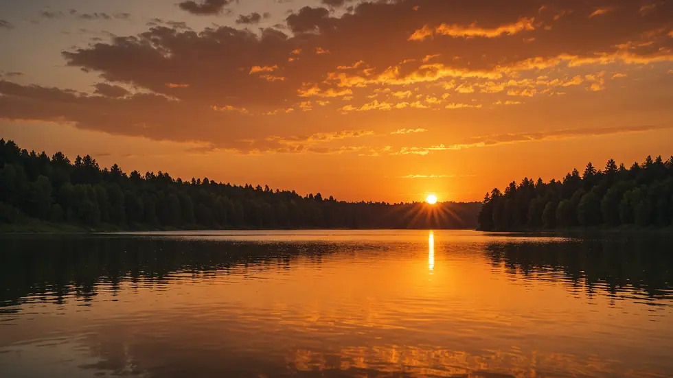 Eye-level view of a vibrant orange sunset over a calm lake