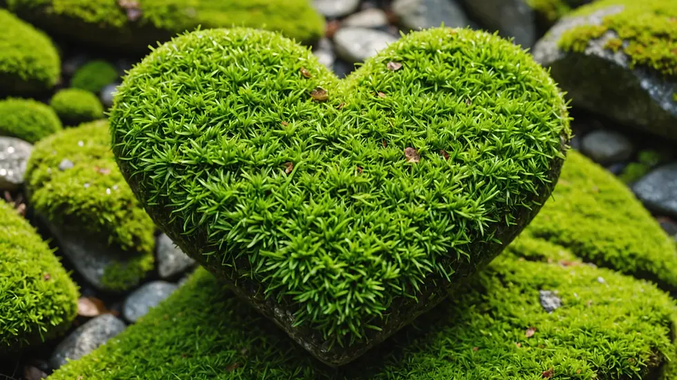 Close-up view of a heart-shaped rock on a green moss background