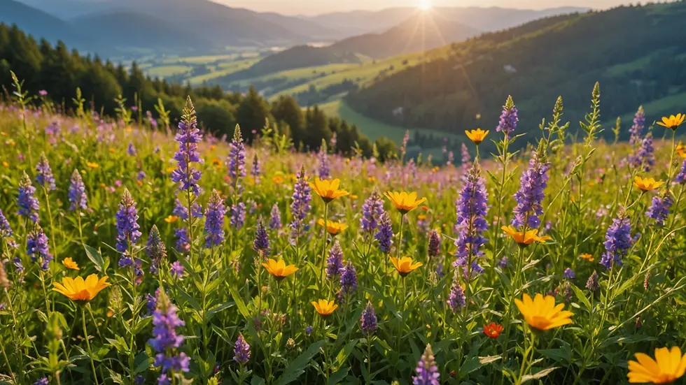 Eye-level view of colorful wildflowers in a blooming field