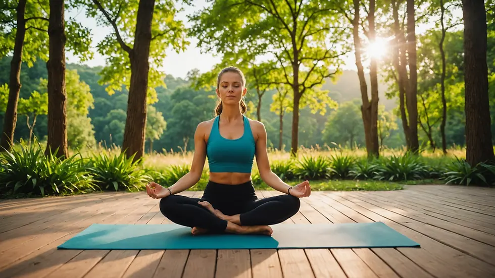 Wide angle view of a serene yoga practice in a nature-filled background