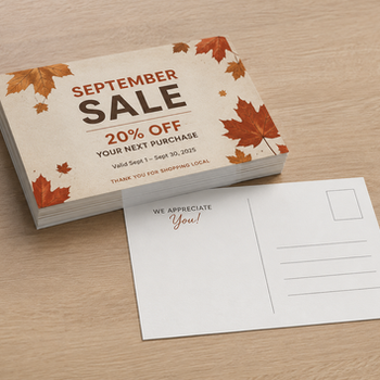 September promotional postcards printed for a small business campaign