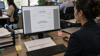 Legal assistant reviewing a Book of Authorities PDF and production checklist before submitting a legal print order in Vancouver.