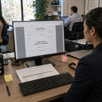 Legal assistant reviewing a Book of Authorities PDF and production checklist before submitting a legal print order in Vancouver.