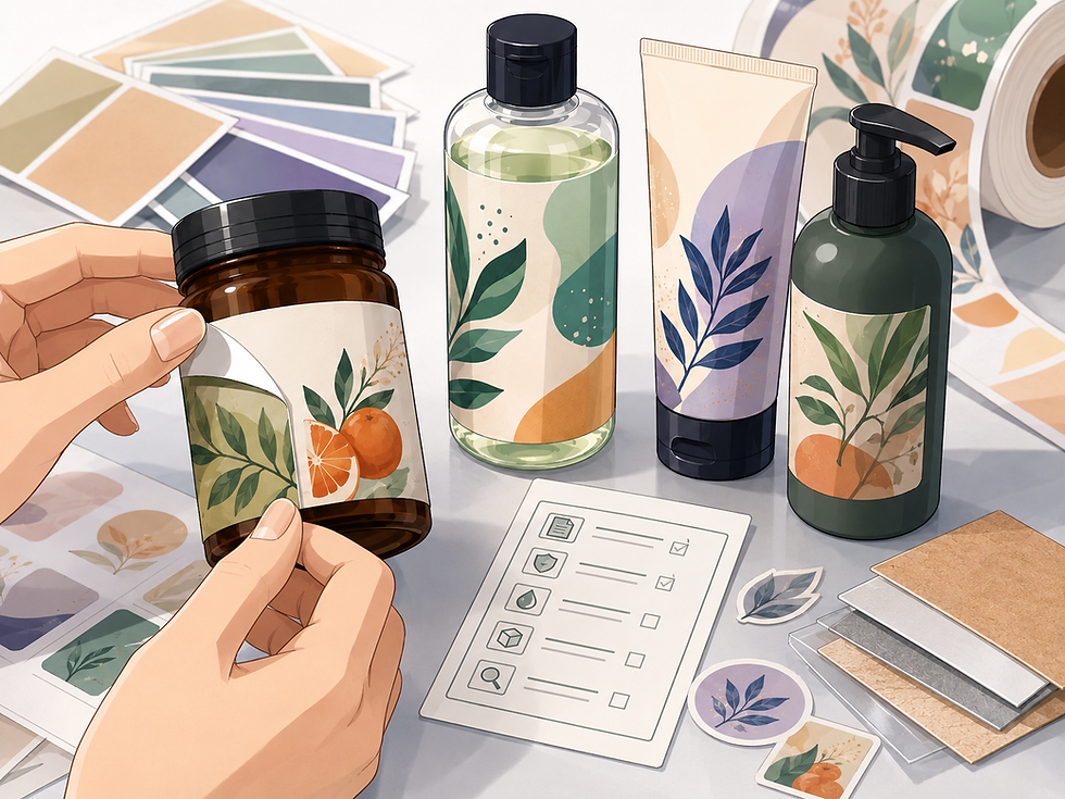 Hands testing a custom label on a product container beside material samples and a checklist