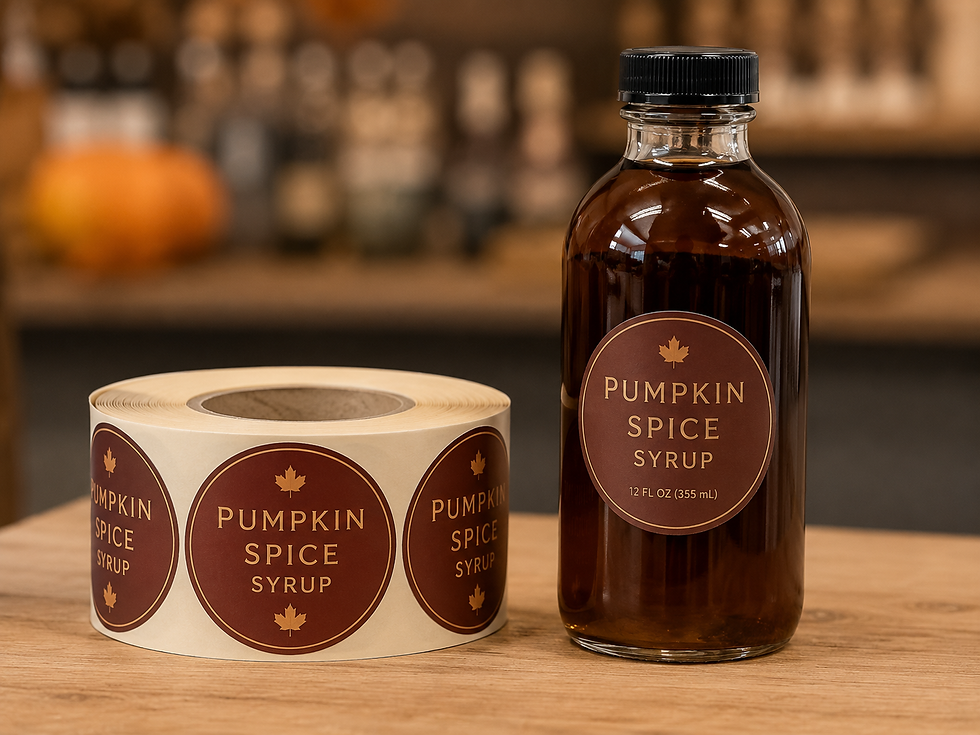 Amber bottle and label roll of Pumpkin Spice Syrup on a wooden counter, with warm blurred kitchen background.
