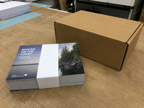 Finished promotional postcards bundled with a white paper band beside a kraft shipping box.