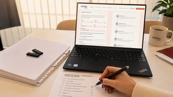 Legal print order form on a laptop beside a tabbed court binder and checklist for court materials printing.