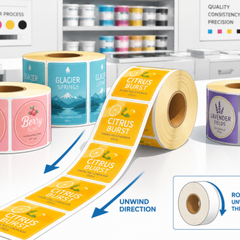 Colourful roll labels showing unwind direction on a clean print production table.