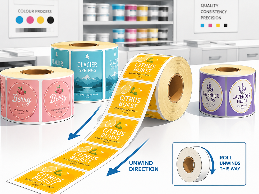 Colourful roll labels showing unwind direction on a clean print production table.
