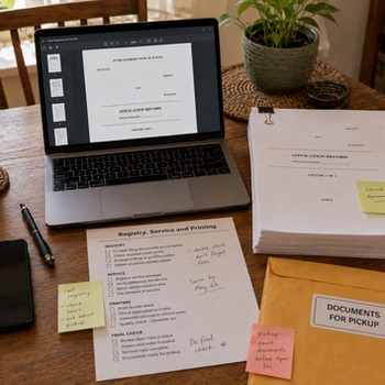 Self-represented litigant preparing court documents at home with a final PDF, filing checklist, handwritten notes, organized print set, phone, and pickup envelope.