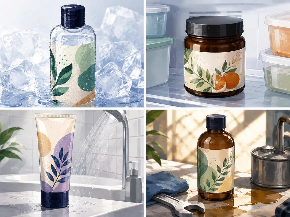 Labeled products exposed to ice, refrigeration, water and workshop conditions
