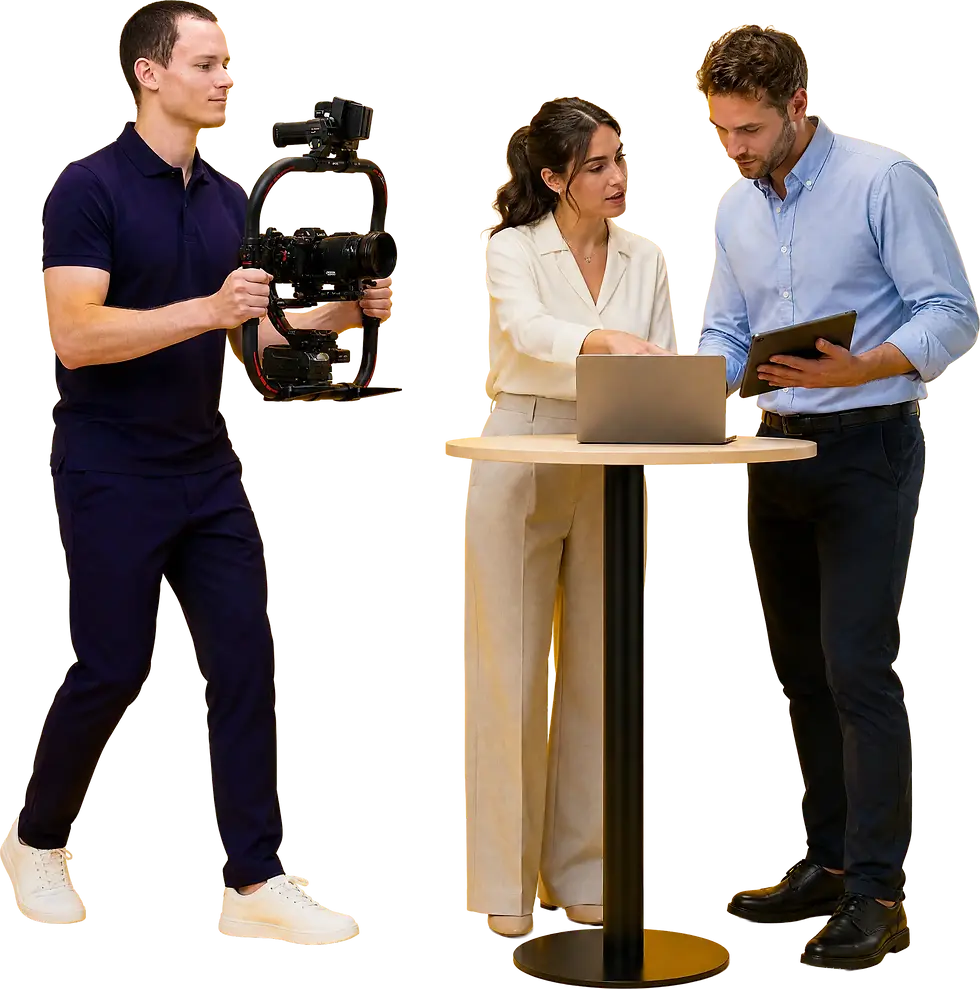 Videomaker riprende due professionisti al lavoro con laptop e tablet per un video aziendale a Brescia