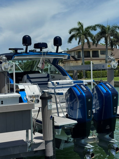Custom blue Starlink satellite internet installed on yacht in Naples Florida