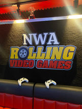 Collage of school events with NWA Rolling Video Games truck
