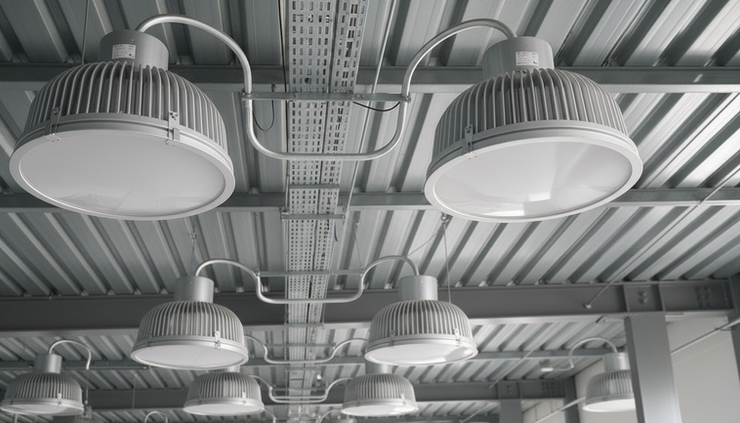 Close-up of LED industrial high bay luminaires mounted on a metal ceiling structure.