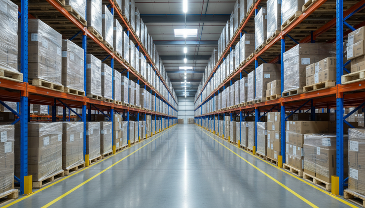 Eye-level view of an industrial aisle between pallet racks lit by evenly spaced LED fixtures.