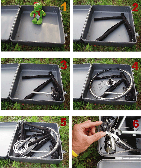 Step by step illustration of packing your bike in a case