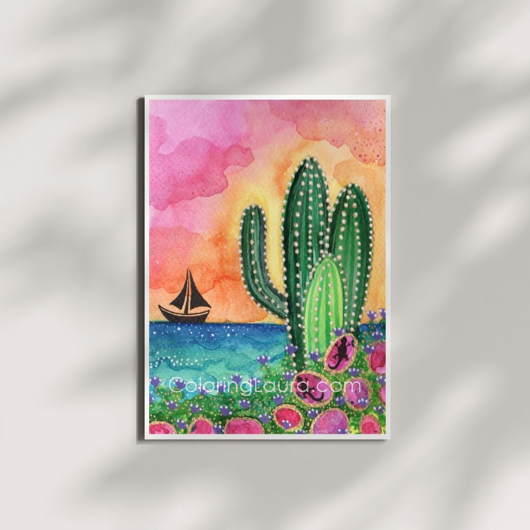 🌵 Cactus with Sailboat – Coastal Watercolor Art Print