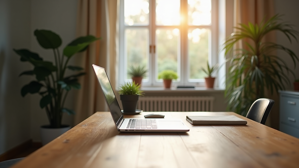Eye-level view of a cozy home office setup with a laptop and plants