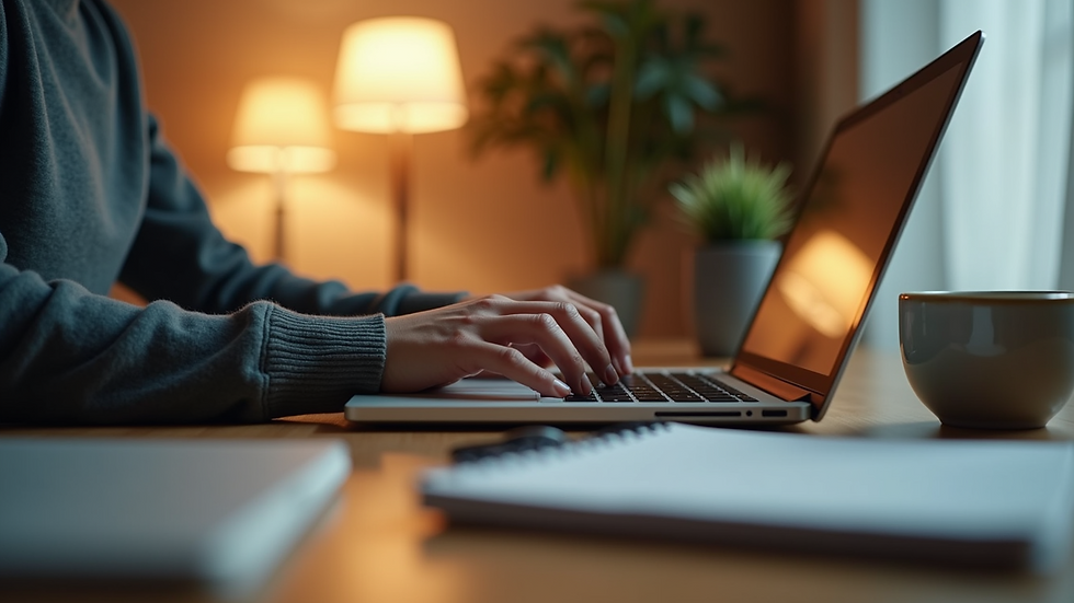 Eye-level view of a person working on a laptop in a cozy home office