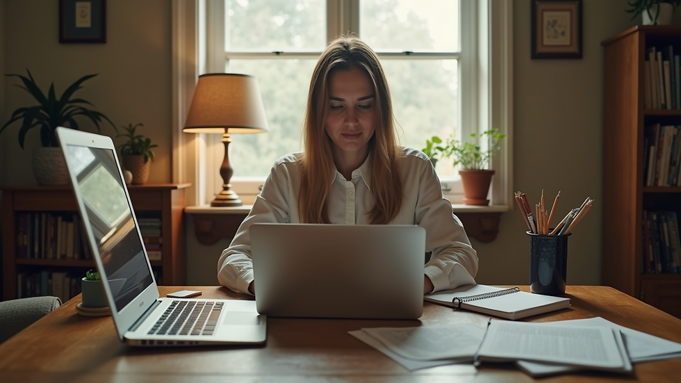 Eye-level view of a person working from home in a cozy workspace