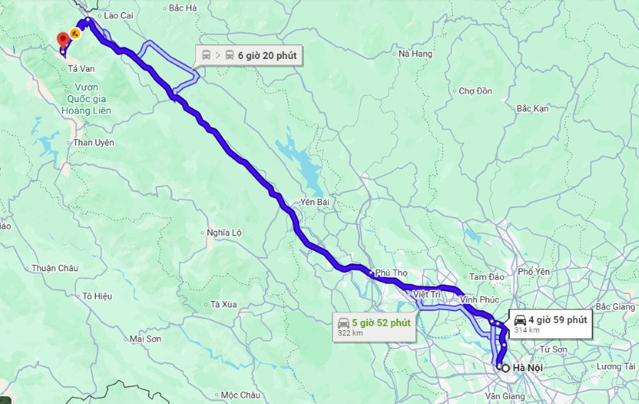 quãng đường di chuyển từ Hà Nội đến Sapa