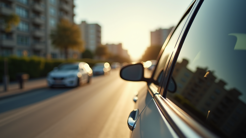 Eye-level view of a car with tinted windows parked in a sunny area