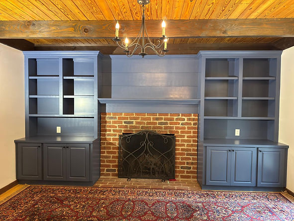 Beautiful custom built-in cabinets bookcase mantel next to fireplace blue.JPG