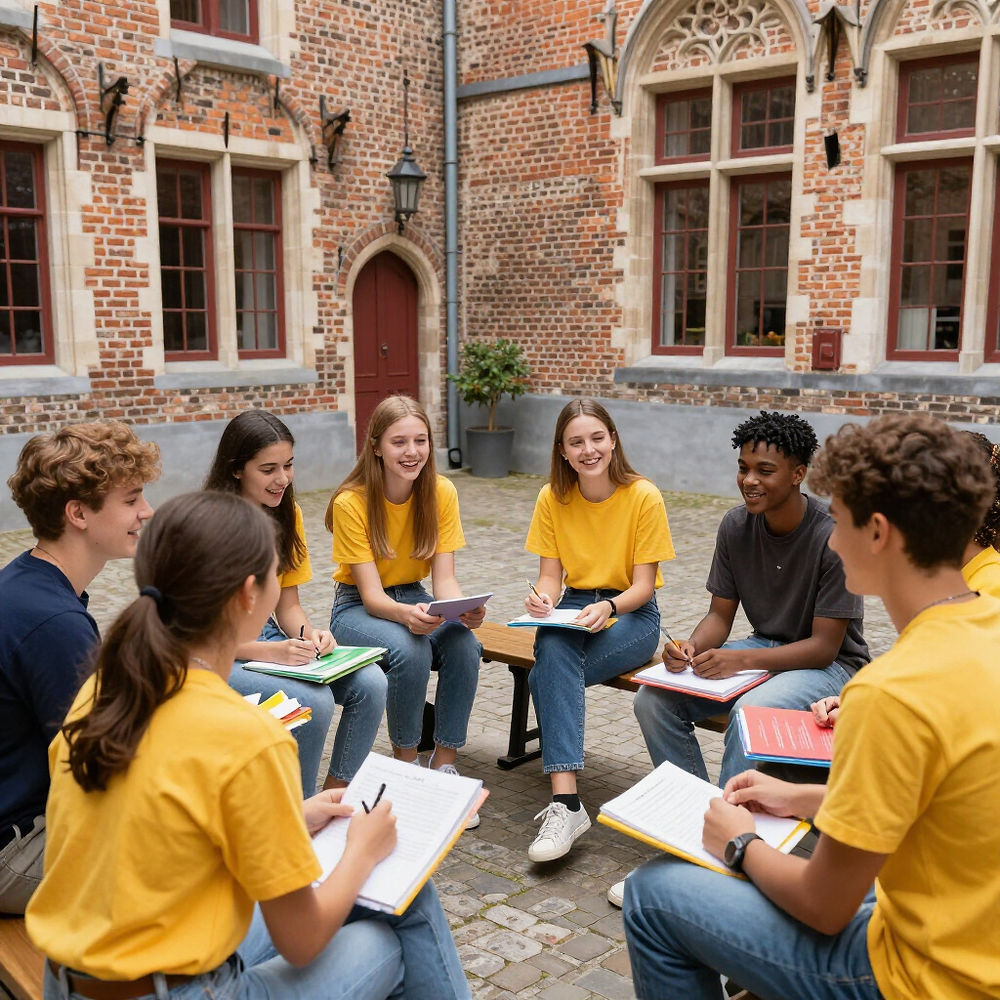 Groupe d'adolescents discutant dans une cour