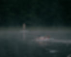 Misty Finnish lake with two people on paddleboards near the forest shore