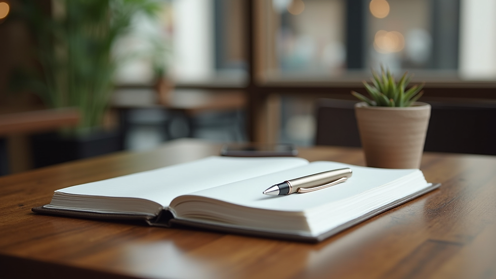 Close-up view of a notebook and pen on a wooden table in a quiet café
