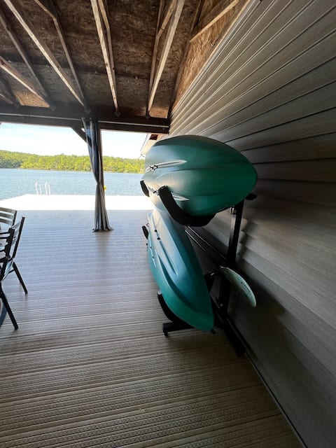 Large wooden deck with chairs