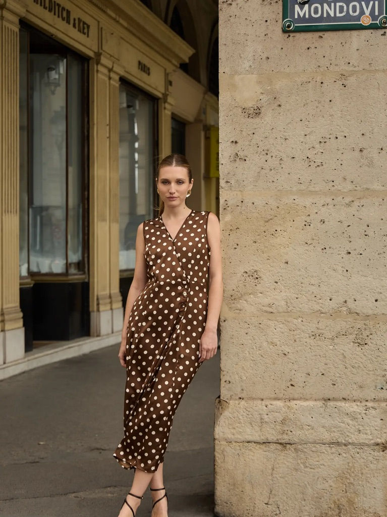 Polka-Dot Midi Dress - Brown