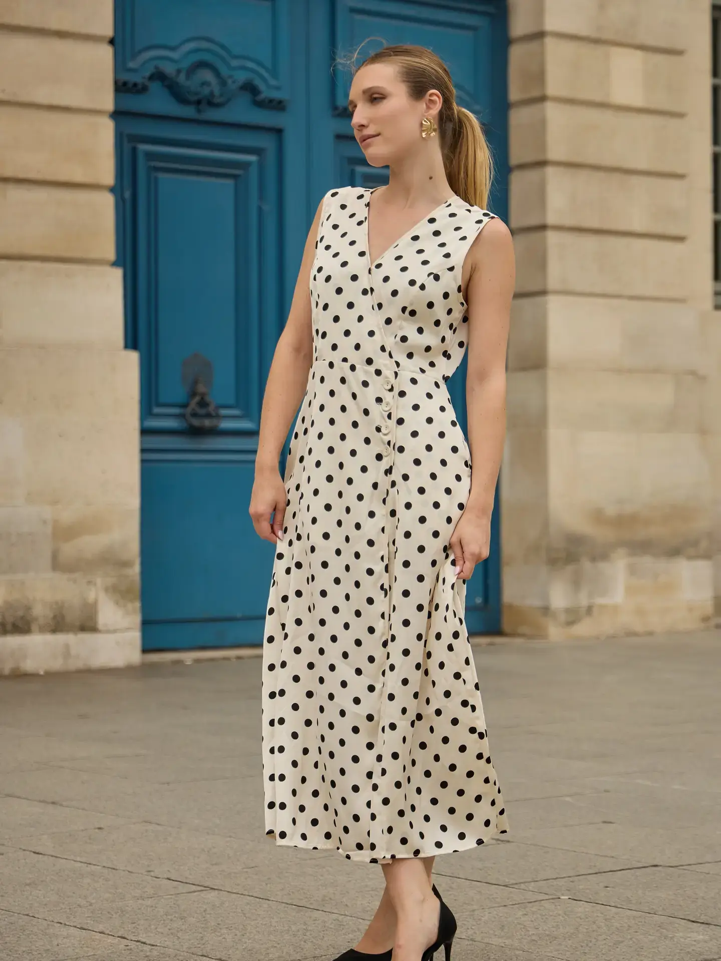 Polka-Dot Midi Dress - White