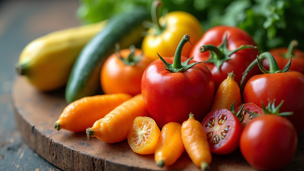 High angle view of a variety of fresh fruits and vegetables rich in vitamins