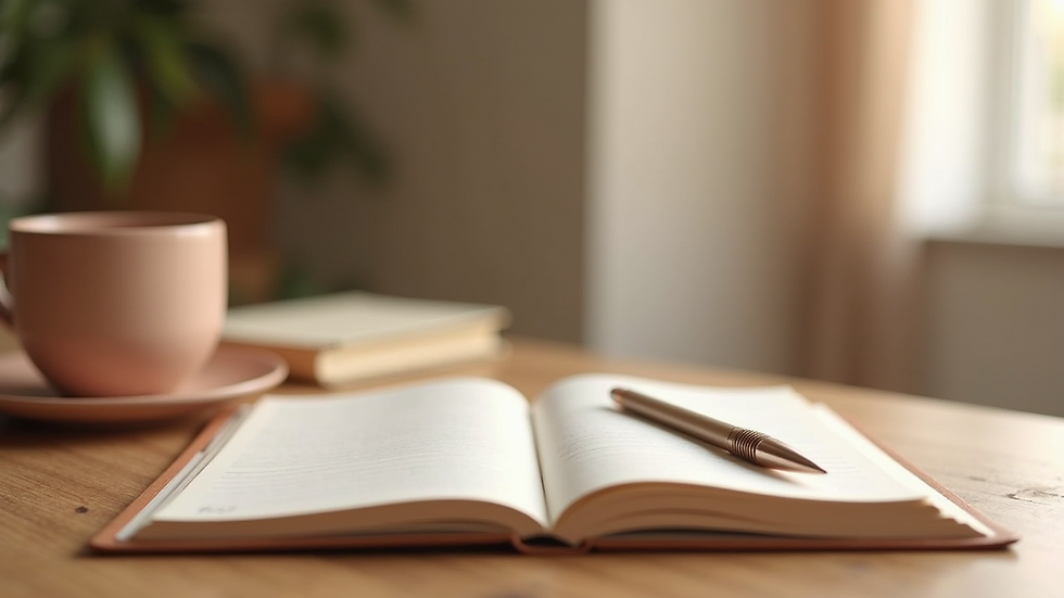 Eye-level view of a cozy coaching space with a journal and pen on a wooden table