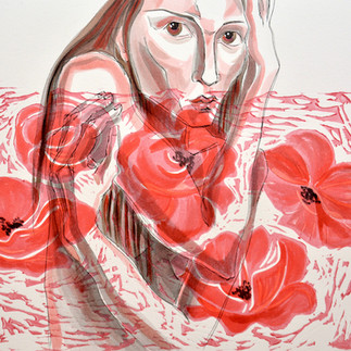 Poppies, mixed media on relief print