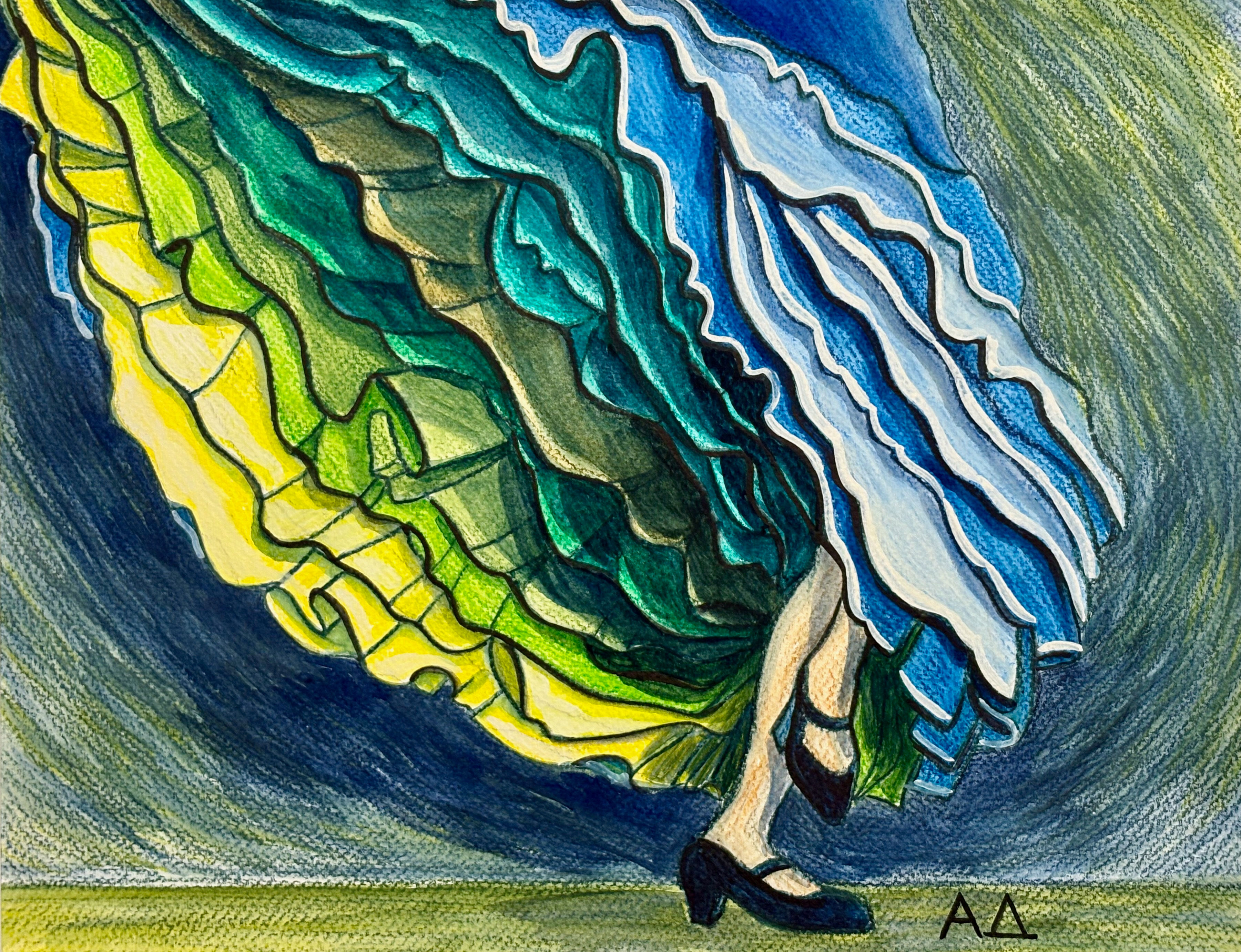 Flamenco Skirt in Blue, Green, and Yellow