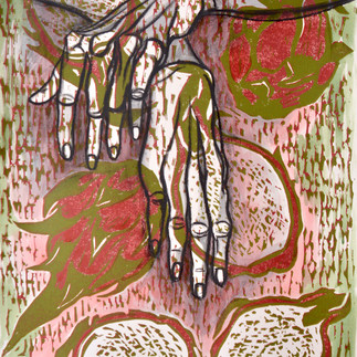 Dragonfruit Hands, mixed media on relief print