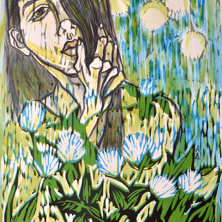 Daisies 2, mixed media on relief print