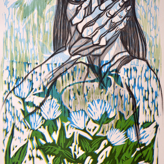 Daisies 5, mixed media on relief print