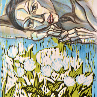 Daisies 4, mixed media on relief print