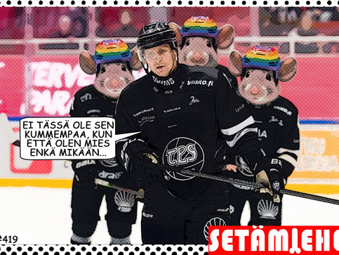 SETÄMIEHET-aikuissarjakuva - hiiret piilossa sen ainoan miehen selän takana: "On miehiä ja sitten on hiiriä!"