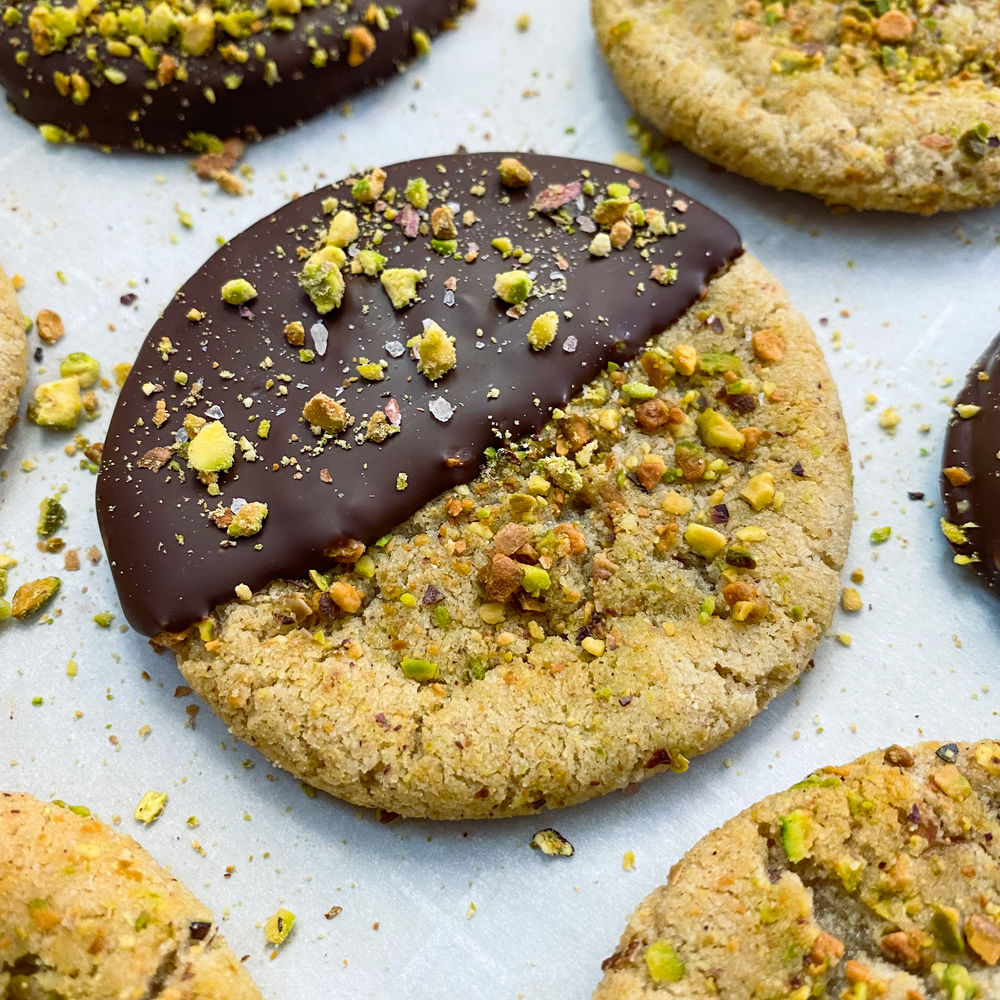 Dark Chocolate Dipped Pistachio Cookies