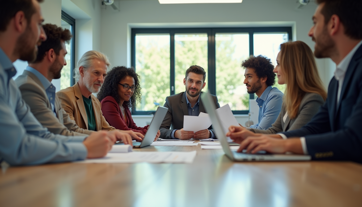 Eye-level view of a nonprofit team collaborating around a table with documents and laptops