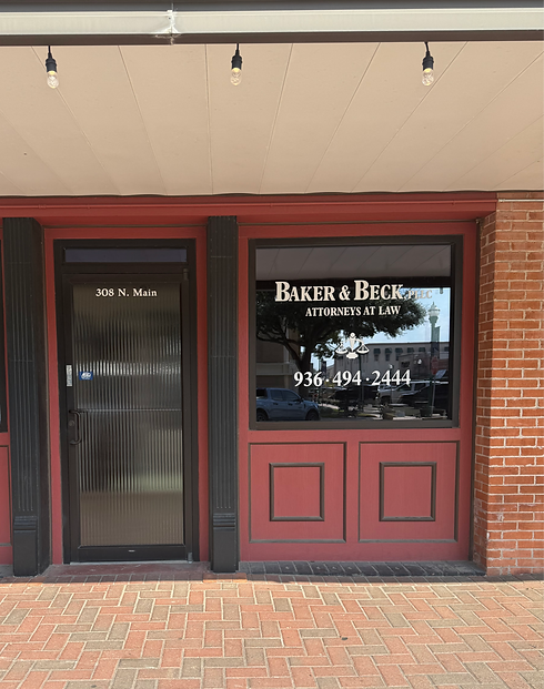 Baker & Beck, PLLC law office entrance on North Main Street in Conroe, Texas