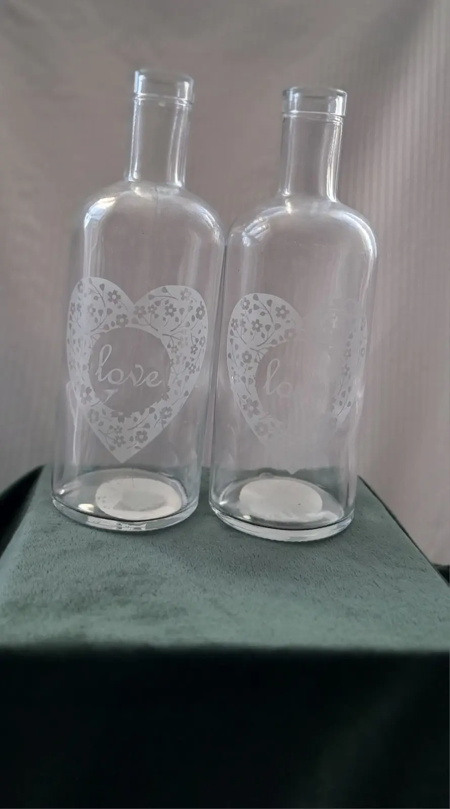 Pair Of Clear "Love" Display bottles. 24cm X 8cm Approx.