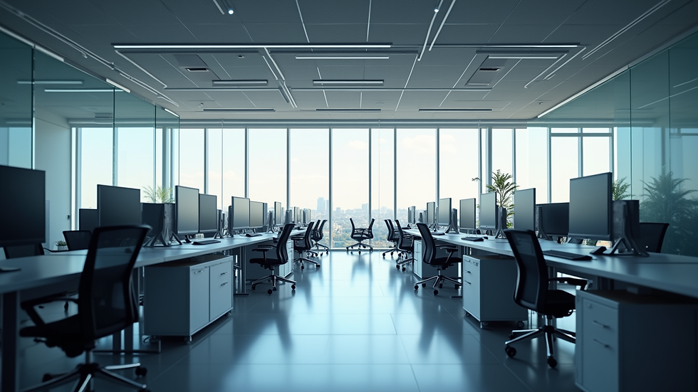 Vista aérea de una oficina moderna con pantallas digitales mostrando gráficos de marketing